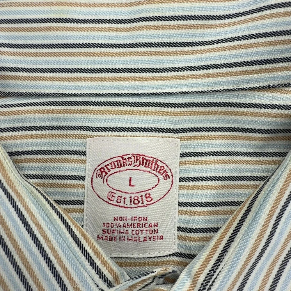 Brooks Brothers Mens Large Blue Tan Stripe Supima Cotton Non Iron Dress Shirt